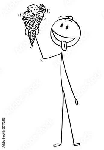Cartoon stick drawing conceptual illustration of man enjoying and holding big tasty ice cream cone with wafer.