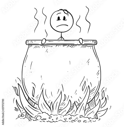 Cartoon stick drawing conceptual illustration of man or businessman who is boiling or boiled in big cauldron in hell for his sins.