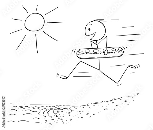 Cartoon stick drawing conceptual illustration of happy excited man with inflatable swimming ring running on the beach to water to enjoy summer vacation on seaside.