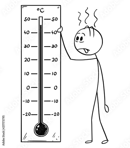 Cartoon stick drawing conceptual illustration of exhausted and overheated man holding big Celsius thermometer showing hot weather or heat above 40 degree.