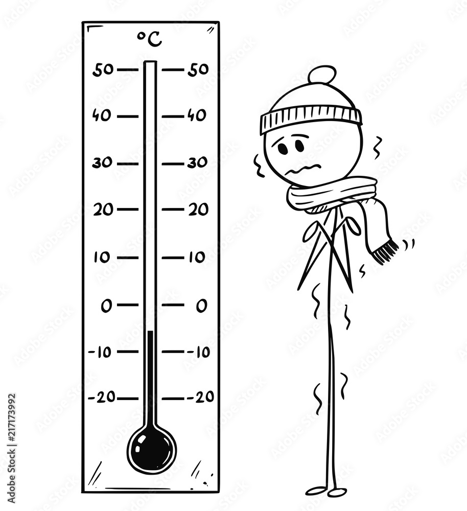 Cartoon stick drawing conceptual illustration of chilled man looking at big  Celsius thermometer showing low weather temperature around minus 5 degree.  Stock-vektor | Adobe Stock