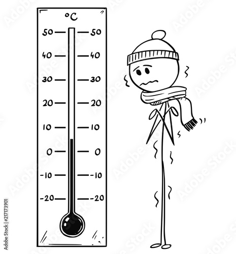 Cartoon stick drawing conceptual illustration of chilled man looking at big Celsius thermometer showing low weather temperature around 5 degree.