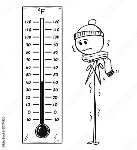 Cartoon stick drawing conceptual illustration of chilled man looking at big Fahrenheit thermometer showing low weather temperature around 40 degree.