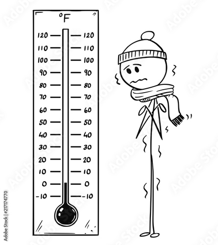 Cartoon stick drawing conceptual illustration of chilled man looking at big Fahrenheit thermometer showing low weather temperature around zero degree.