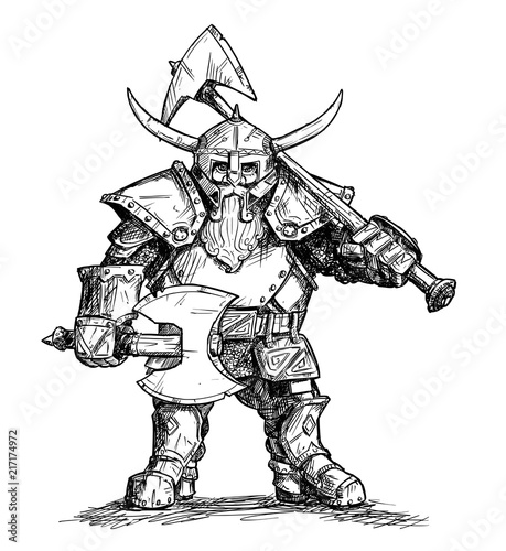 Vector artistic pen and ink doodle drawing illustration of fantasy dwarf warrior in horned helmet and heavy armor and holding two axes.