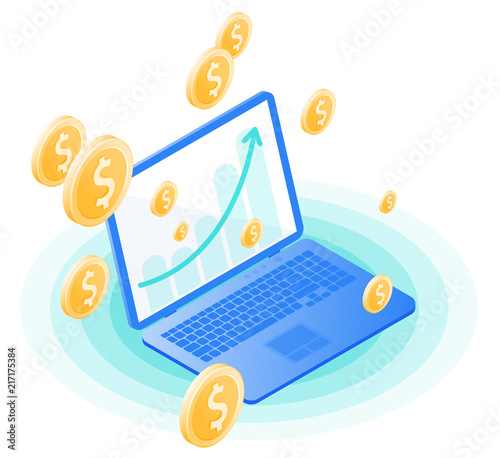 The laptop, increasing arrow on the screen, dollars gold rain. Flat vector isometric illustration. The business success, winnig, profit, online banking, growing money, stockmarket, investment concept. photo