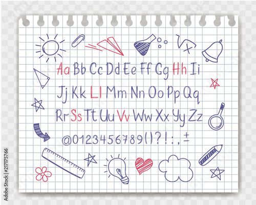 Alphabet in sketchy style with school doodles on copybook sheet. Vector handwritten pencil letters, numbers and punctuation marks. Ink pen handwriting font and doodle design elements.