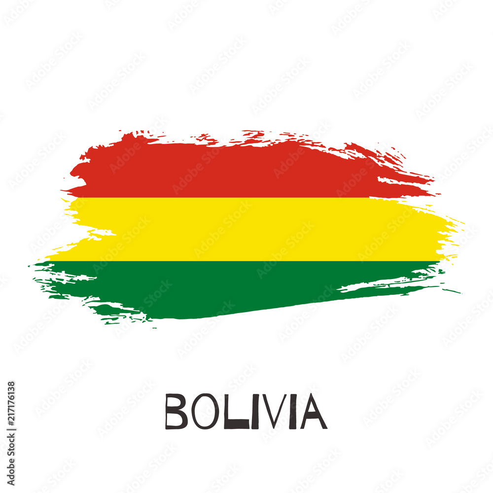 Obraz premium Bolivia vector watercolor national country flag icon. Hand drawn illustration with dry brush stains, strokes, spots isolated on gray background. Painted grunge style texture for posters, banner design