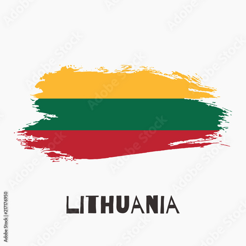 Lithuania watercolor vector national country flag icon. Hand drawn illustration  dry brush stains  strokes  spots isolated on gray background. Painted grunge style texture for posters  banner design.