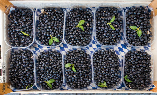 Blackberries and Bilberries for sale on market, top view