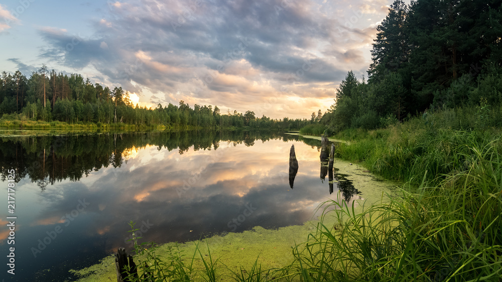 летний вечерний пейзаж на Уральском озере с соснами на берегу, Россия, август