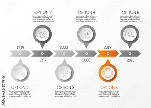 Gray company timeline with business icons. Vector.