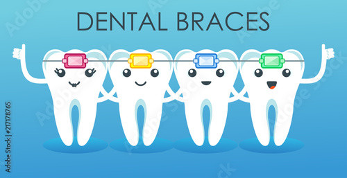 Funny cute characters teeth in braces. Pediatric dentistry, oral care, hygiene and health. Flat vector cartoon illustration.