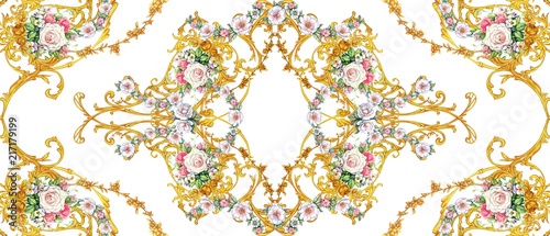Decorative composition with golden scrolls and roses
