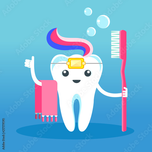 Funny cute characters tooth in braces with toothpaste and toothbrush. Pediatric dentistry, oral care, hygiene and health. Flat vector cartoon illustration.