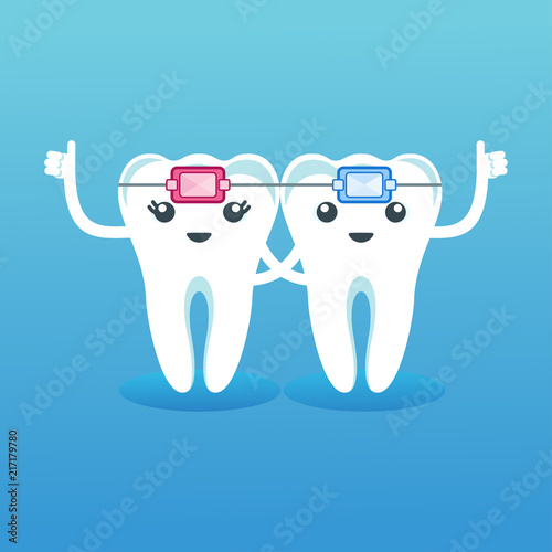 Funny cute characters teeth in braces. Pediatric dentistry, oral care, hygiene and health. Flat vector cartoon illustration.