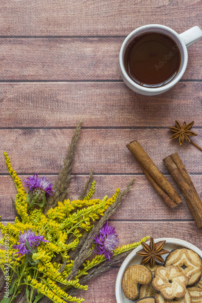 Cup of coffee and a cozy Autumn composition, autumn concept. Flat layout, top view Cup of coffee and a cozy Autumn composition, autumn concept. Flat layout, top view