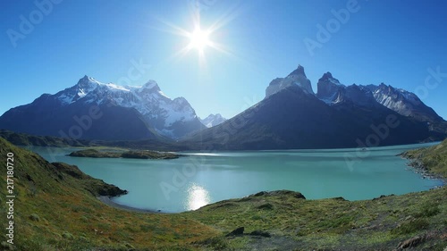 View over Nordenskjold Lake towards Paine Grande and Cuernos del Paine, Torres del Paine National Park, Patagonia, Chile photo