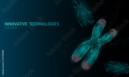 Chromosome DNA structure medicine concept. Low poly polygonal telomere genetic disease aging process. GMO engineering CRISPR Cas9 innovation modern technology science banner vector illustration photo