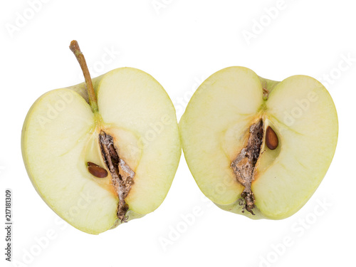 Codling moth pest damage in apple, view inside cut fruit, isolated on white. Cydia pomonella. photo