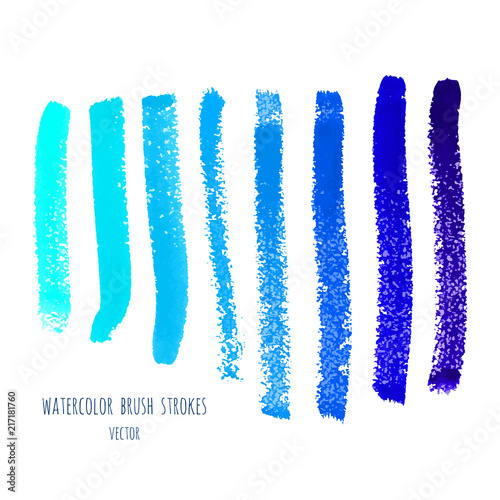 Set of vector navy, turquoise blue watercolor hand painted gradient stripes isolated on white. Abstract collection of fluid ink, acrylic dry brush strokes, stains, spots, geometric verticall lines. photo