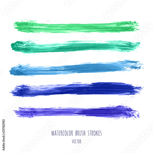 Set of vector navy, turquoise blue watercolor hand painted gradient stripes isolated on white. Abstract collection of fluid ink, acrylic dry brush strokes, stains, spots, geometric horizontal lines.