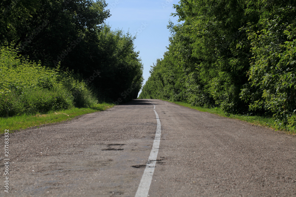 An empty rural asphalt road in the middle zone of Russia.