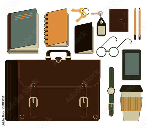 A set of various objects for travel, recreation, business trip, trekking, plein air. Notepad, documents, tickets, passport, coffee, phone, tablet, keys, tube, tissue bag, waist bag, sunglasses, purse
