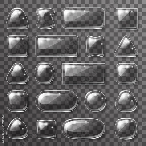 Glass plate game app ui glossy buttons icons transparent background design glossy elements vector illustration