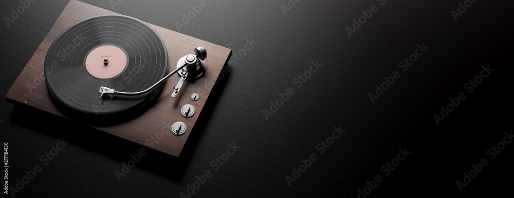 Vinyl LP record player on black wooden background, banner, copy space. 3d illustration - obrazy, fototapety, plakaty 