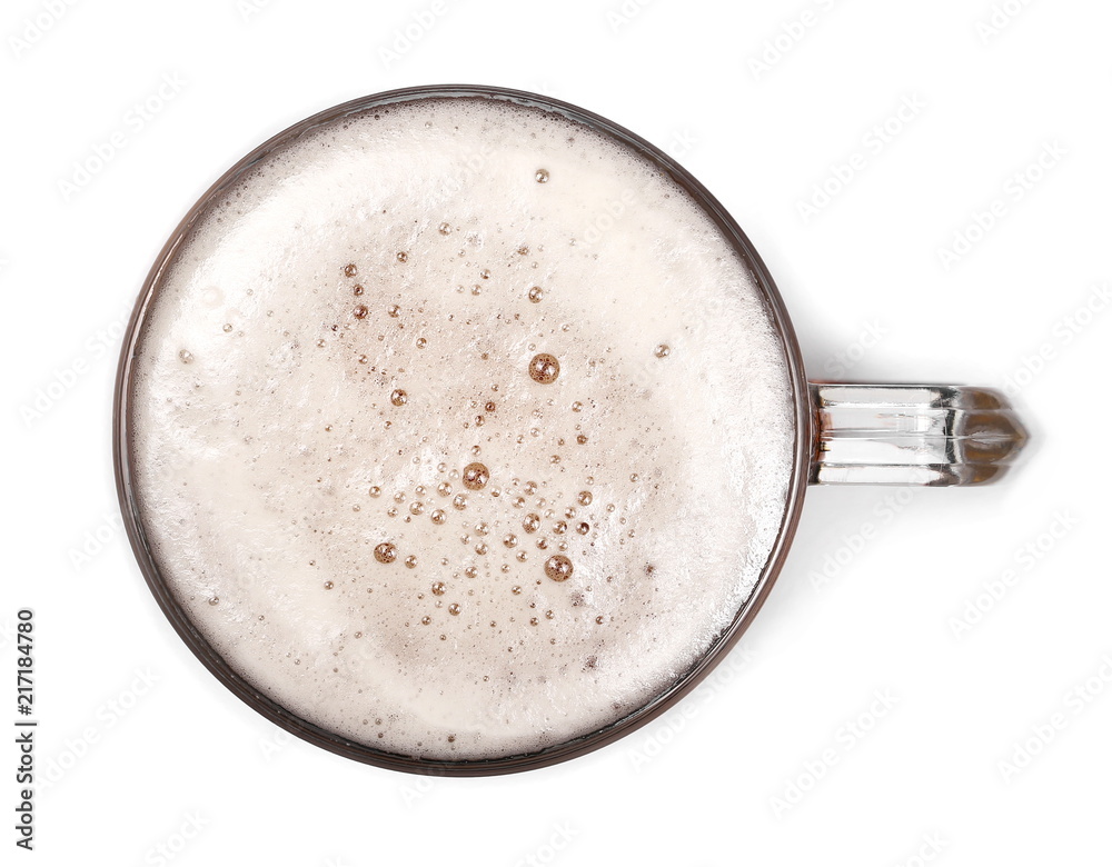 Mug of beer with bubble on glass isolated on white, top view Mug of beer with bubble on glass isolated on white, top view
