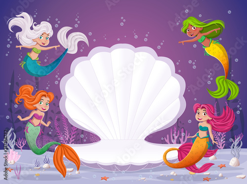 Cartoon mermaids swimming around open shell.
