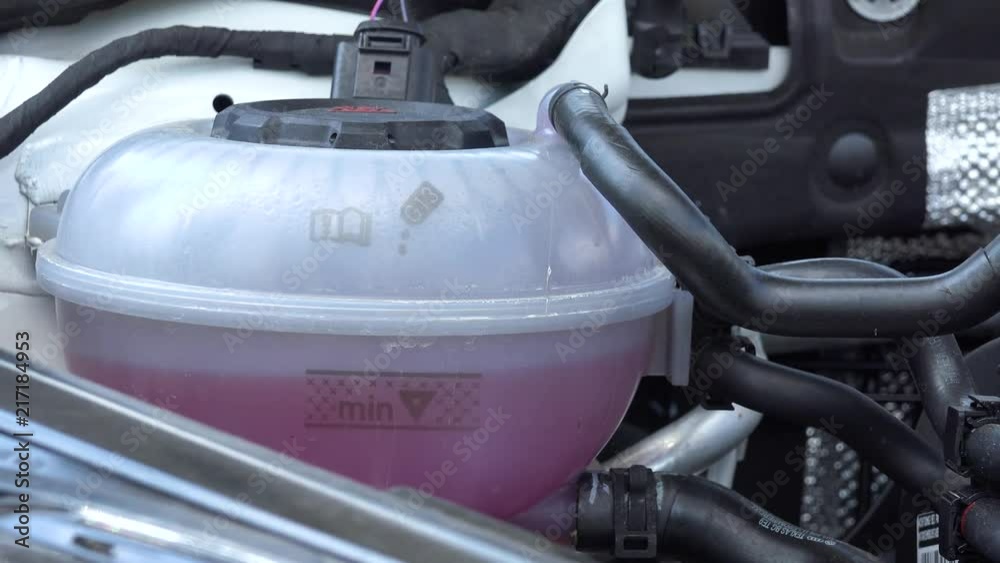 Closeup on an engine cooling system under a car hood