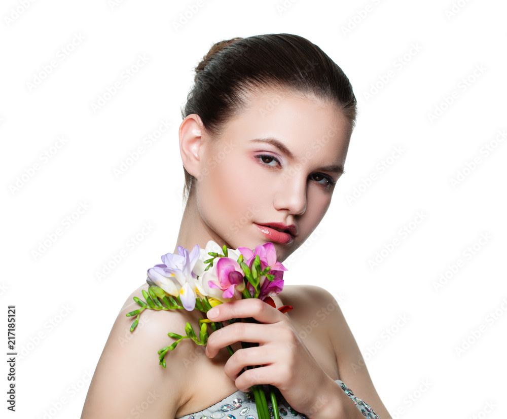 Pretty woman with colorful flower isolated on white background