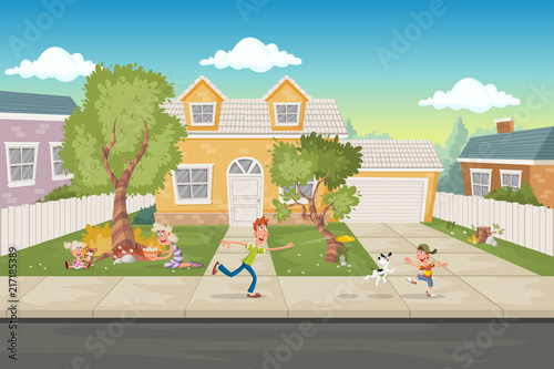 Cartoon family in front of a house. Suburb neighborhood