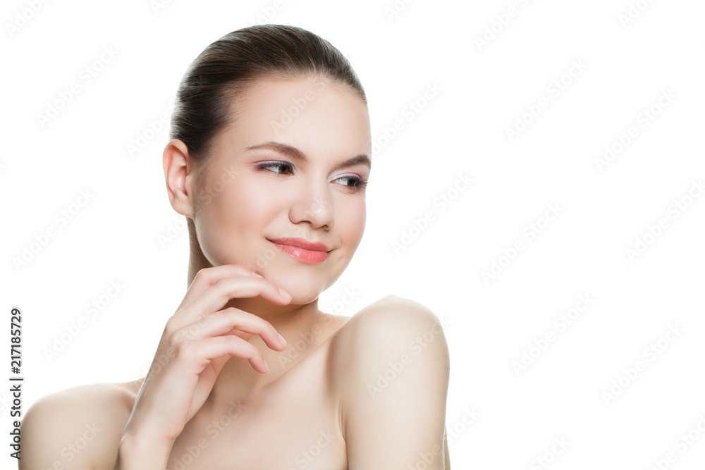 Smiling woman spa model isolated on white background. Beautiful young woman with healthy skin touching her face her hand. Facial treatment, cosmetology, beauty, skin care and spa Smiling woman spa model isolated on white background. Beautiful young woman with healthy skin touching her face her hand. Facial treatment, cosmetology, beauty, skin care and spa
