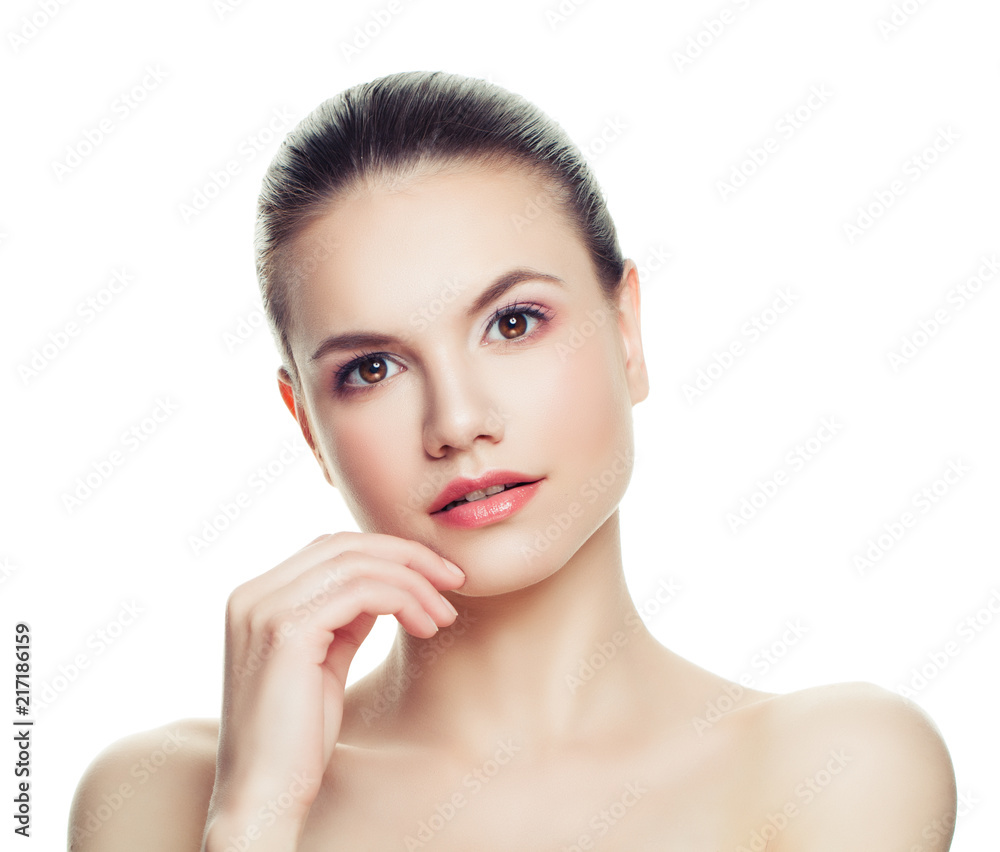Attractive woman isolated on white background. Healthy skin, natural nude makeup Attractive woman isolated on white background. Healthy skin, natural nude makeup