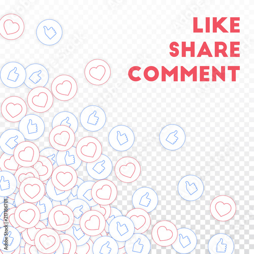 Social media icons. Social media marketing concept. Falling scattered thumbs up hearts. Scattered bo