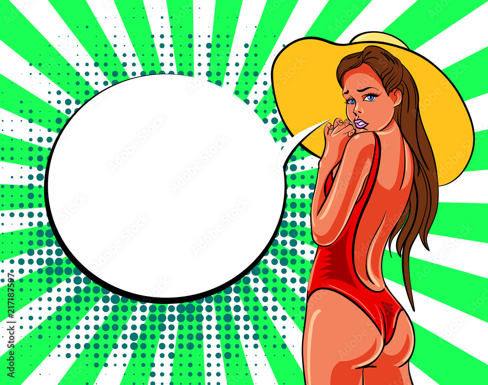 Comic style poster with young pretty girl. Vector illustration.