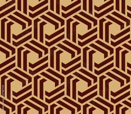 Abstract geometric pattern with stripes, lines. Seamless vector background. Brown and gold ornament. Simple lattice graphic design