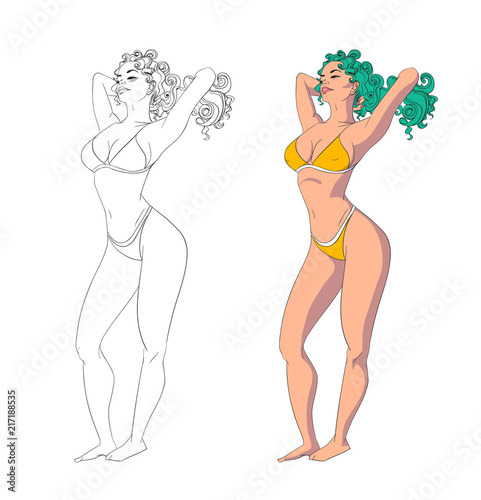 Summer poster design with girl in cartoon style. Vector illustration.