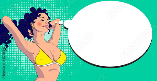 Summer poster design with girl in cartoon style. Vector illustration.
