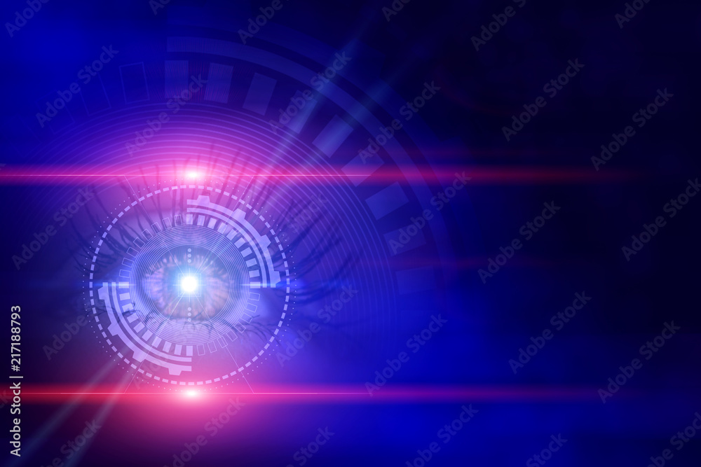 Female eye on an abstract background with holograms and neon glow.