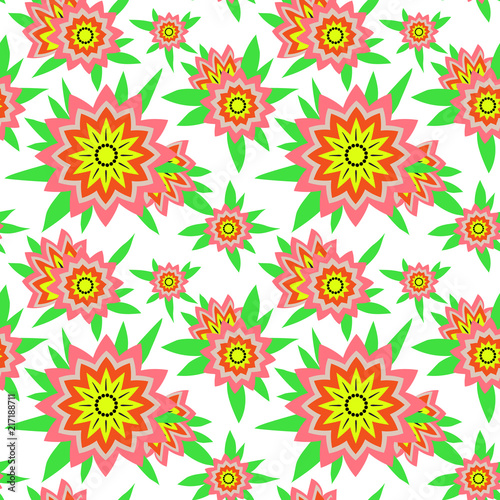Summer time seamless pattern with tropical flowers and leaves.