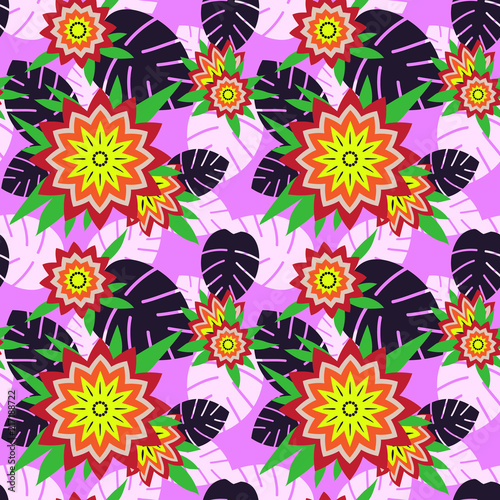 Summer time seamless pattern with tropical flowers and leaves.