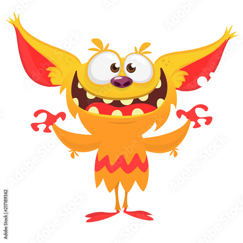 Happy cartoon orange monster. Halloween vector illustration of excited troll or gremlin character