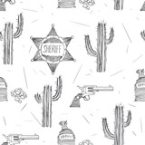 Vector seamless pattern with Wild West hand drawn symbols. Sheriff star, pocket with money and revolver isolated on white. American western adventure background. Golden fever theme in sketch style.