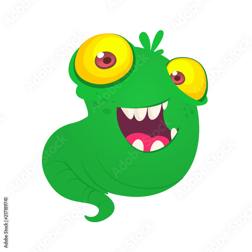 Cute green monster flying with big yellow eyes. Vector illustration