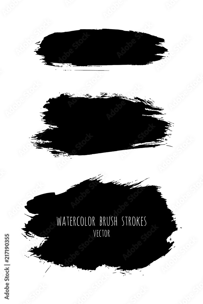 Vector dark black grunge watercolor, ink texture set, hand painted dry brush splashes, strokes, stains, spots, blots, dividers, labels, templates, dirty shapes. Abstract acrylic monochrome background.