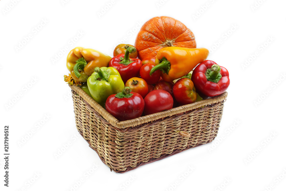 vegetables in a basket on a white background